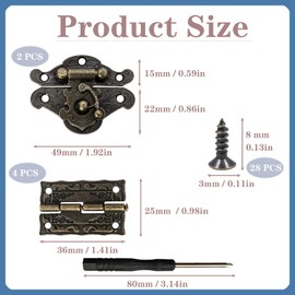2 Piece Set Antique Embossing Latch Lock with Screwdriver, Retro Style Padlock Lock Key Latch Clasp Set Box Lock, Box Hinges and Latches with 28 Screws for Jewellery Wooden Boxes Decoration-47x35mm