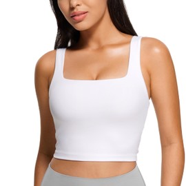 CRZ YOGA Butterluxe Square Neck Crop Tank Tops for Women - Workout Longline Sports Bras Padded Yoga Camisole White X-Large