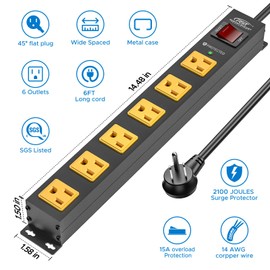 CRST 6 Outlet Surge Protector Power Strip 2100J with Switch, 15A/1875W Metal Heavy Duty Power Strip, Wide Spaced Wall Mount Power Bar for Garage Workshop Home School, 6 FT Cord（ Black+Yellow）