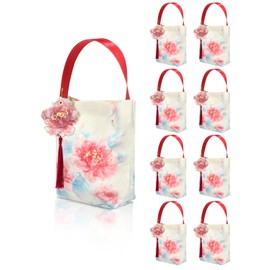 Liobelon 8 Pieces Floral Canvas Gift Bags with Handle, Flower Thank You Gift Bag Small Canvas Candy Bags for Wedding, Tea Party Favor Bags for Birthday Bridal Favors Baby Shower Christmas (Red)