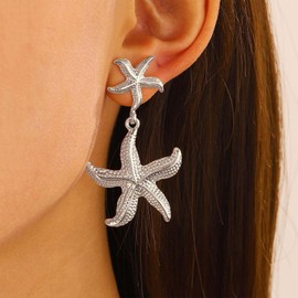 Cybche Metal Starfish Earrings Hammered Starfish Drop Earrings Silver Starfish Stud Earrings Sea Star Dangle Earrings Starfish Exaggerated Earrings Summer Beach Earrings Jewelry for Women