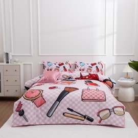 Aimuan Fashion Girl Comforter Sets Cosmetic Perfume Bag Lipstick Diva Pink Quilt Set Nail Polish Pattern Decorative Quilted 6 Pcs Makeup Bedding Set with 2 Pillowcases (Pink, Full 6Pcs)