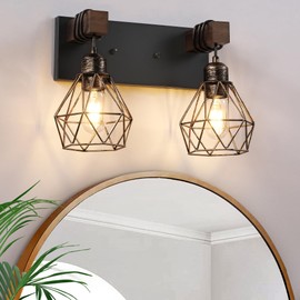 Farmhouse Vanity Light for Bathroom, 2-Light Black Gold Wood Bathroom Vanity Light Fixtures Over Mirror, Rustic Sconces Wall Lighting with Metal Lampshade for Living Room, Bedroom, Hallway