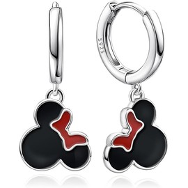 Sterling Silver Black Mouse Hoop Earrings for Women Cute Delicate Red Bow Mouse Dangle Huggie Earrings Hypoallergenic Lucky Princess Animal Jewelry for Daughter Birthday Gifts