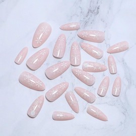24Pcs Christmas Press on Nails Medium Length Winter Holiday Xmas Fake Nails Nude Acrylic Nails White Snowflake Design Nude Glossy Full Cover Nail Tips Almond False Nails Stick on Nails for Women Girls