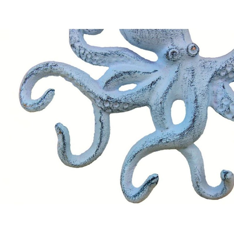Rustic Dark Blue Whitewashed Cast Iron Octopus Hook 11 Inch