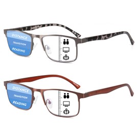 2 Pack Progressive Multifocus Reading Glasses Men - Metal Frame Blue Light Blocking Anti Eye Strain Computer Readers No-Line Bifocal Readers Eyeglasses,1.75x