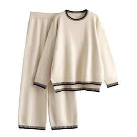 TBETNE Women’s 2 Piece Outfits Knit Trendy Sweater Sets Oversized Long Sleeve Loose Fit Matching Lounge Sets Tracksuits(Apricot, Large)