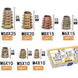 YIYICO Threaded Insert Wood Screw-In Nuts M4 M5 M6 M8 M10 Pack of 130 Zinc Alloy Hex Nuts Assortment for Wooden Furniture