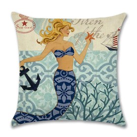 7ColorRoom 2Pack Mermaid Throw Pillow Covers Ocean Theme Beach Cushion Pillow Covers Cotton Linen Square Pillowcases for Car Sofa Bed Couch 18 x 18 Inch(Mermaid-2)
