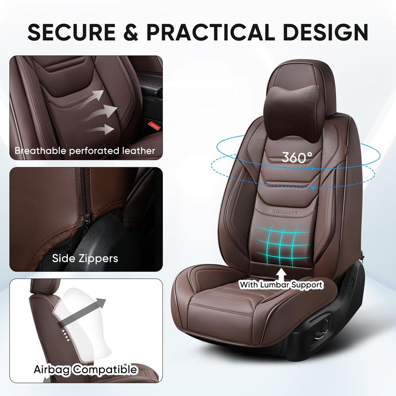 TIEHESYT Mature Brown Car Seat Covers, Breathable Faux Leather, Universal