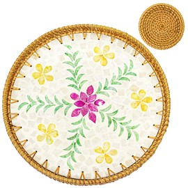 Decorative Round Serving Tray for Coffee Table, Rattan Tray with Mother of Pearl Home Decor, Wicker Tray for Kitchen Bathroom Living Room Counter Dresser, Bread Fruit Food Baskets (Purple Bloom)