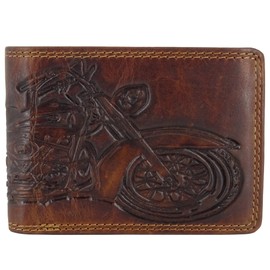 Leather Wallet for Men with RFID Protection with Coin Compartment and Embossing Genuine Leather Wallet (Brown Portrait Format, Motorcycle, Harley Davidson), brown, Classic