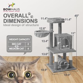 BOWHAUS Tall Cat Tree for Indoor Large Cats or Kittens, Multi-Level Cat Activity Tree with Scratching Posts, Hammock, Cat Cave Condo, Modern Cute Small Cat Climbing Tower with Widened Perch