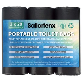 Sailortenx 60 bolsas de inodoro portátiles 100% compostables de 8 galones, bolsas de inodoro para campamento con cubeta de 5 galones, bolsas de basura desechables biodegradables para campamento al aire última intervensión bolsas de orinal