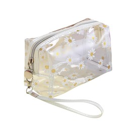 UUYYEO Clear Flower Makeup Bags Transparent Floral Cosmetic Bag Daisy Zippered Pouches Portable Waterproof Toiletry Bags Travel Vacation Bathroom Organizer with Handle Strap for Women Girls White