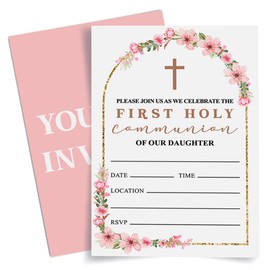 Weifuju First Holy Communion Invitations for Girls, Floral First Holy Communion Invite Cards 1st Communion Invitation, 20 Invites with Envelopes (4"x6")