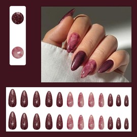 24 Pcs Valentine's Day Short Almond Press on Nails - MINGCHUN Wine Red Glitter Fake Nails Press ons Acrylic Nail Art Tip Kit French Marbling Design Full Cover False Nails Glue on Nails for Women