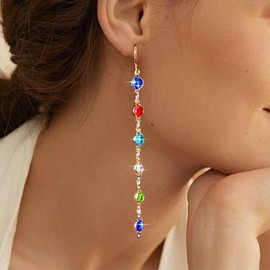 Xmsrn Vintage Colourful Crystal Chain Dangle Earrings Long CZ Linear Dangle Earrings Sapphire Crystal Rhinestone Drop Earrings Long Colourful CZ Rhinestone Chain Earrings for Women, Zinc, No Gemstone