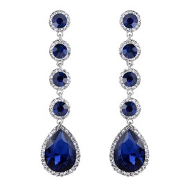 BriLove Women's Elegant Wedding Bridal Earrings Rhinestone Crystal Beaded Teardrop Chandelier Dangle Drop Sapphire Color Silver-Tone