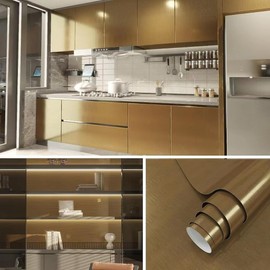 VIOPVERY Gold Stainless Steel Contact Paper 23.6"x393.7" Wallpaper Peel and Stick Wall Paper Waterproof Easily Removable Self-Adhesive Film Wall Covering for Metal Surface Kitchen Cabinet Refrigerator