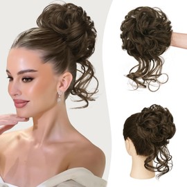 Sofeiyan Hairpiece with Elastic Band, Curly Bun Hairpiece with Hair, Updo Hairstyles, Synthetic Messy Bun Hair, Tousled Updo Hairpieces for Women and Girls, Chestnut Brown
