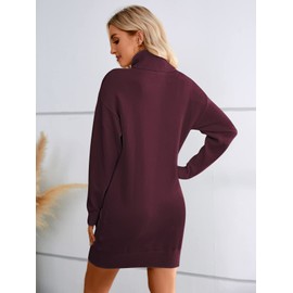 SENFURE Soft Turtleneck Pullover Dress for Women Long Sleeve Knit Elasticity Sweater Fall Winter Mini Sweater Dresses Burgendy