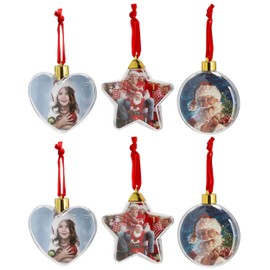 6 x Christmas baubles for hanging your own photos in three shapes, diameter approx. 9 cm, DIY tree baubles for your own photos or money gifts - Christmas tree baubles for photos