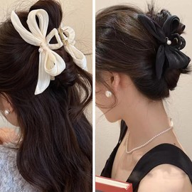 2 Pcs Hair Bows Claw Clip for Women Girls,Premium Bow-knot Hair Clips for Women Thick Hair & Thin Hair,Big Bows Hair Clips,Nonslip Bows Claw Clips for Women, Bow Clips for Women,Bow Clips Black White