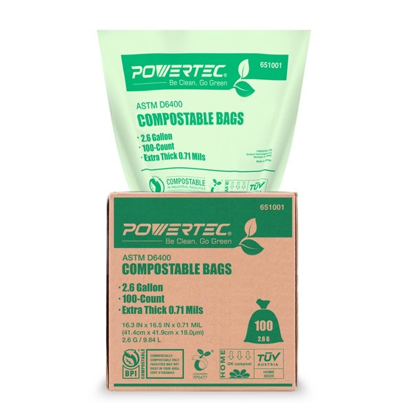 Bolsas compostables certificadas Powertec ASTM D6400 de 2,6 galones | Extra gruesas (0,71 mil) 100% sostenibles para residuos y compostaje de alimentos en el patio - 100 unidades, 100 unidades , 100 unidades