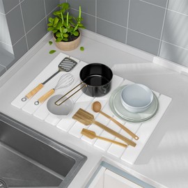 Vorisebo Large Stone Dish Drying Mat, 24" × 16" Quick Dry Foldable Dish Drying Mats, Absorbent Diatomaceous Earth Drying Mat for Kitchen Counter, White