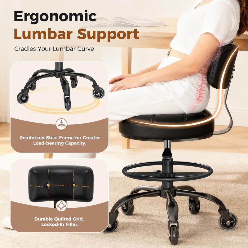 FREEKYROCK Office Drafting Chair with Footrest, Tall Height Adjustable Stool