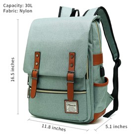 Mancio Vintage Laptop Backpack with USB Charging Port, Slim Tear Resistant Business Backpack for Travelling, College, Casual Daypacks for Men,Women, Fits up to 15.6Inch Notebook, Green
