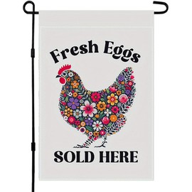 Funny Garden Flag 12 X 18 Inch Double Sided Spring Summer Yard Outdoor Farmhouse Lawn Decoration Flag Fresh Eggs SOLD HERE with Flowers Yard Flag Urban Farm Décor