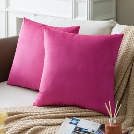 Colormz Set of 2 Hot Pink Colored Solid Velvet Throw Pillow Covers, Cozy Soft Accent Pillow Cases for Sofa Couch Bed and Living Room - 18"x18"
