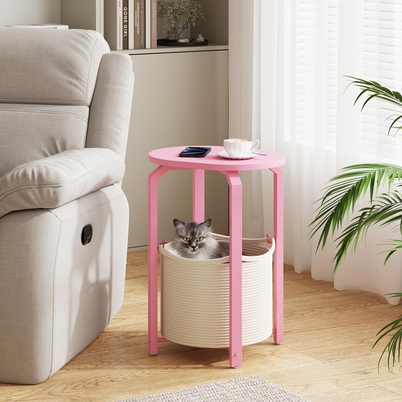 TUTOTAK Oval End Table with Woven Storage Basket, Pink Small