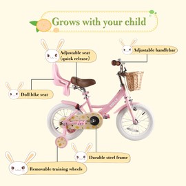 RULLY Lemon Bike 16 Inch Bicycle for Girls Ages 4 5 6 7 Years, Training Wheels Included, Girl Bikes with Basket & Doll Seat,Pink