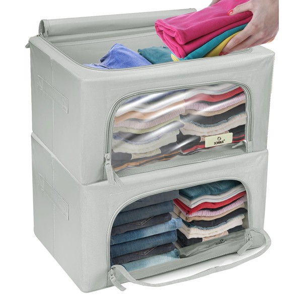 Sorbus Clothes Storage Organizer Bins - Stackable & Foldable Fabric Container Set with Large Clear Window & Carry Handles - For Bedroom, Closet, Linens, Blankets, Clothing, Bedding, & Comforters (Gray)