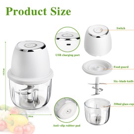 Electric Mini Chopper, 350 ml Onion Cutter, Electric Vegetable Chopper, USB Charging, Portable Onion Chopper, 6 Stainless Steel Blades for Meat, Garlic, Kitchen Accessories