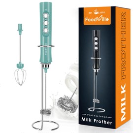 FoodVille MF02 Rechargeable Milk Frother Handheld Foam Maker with Stainless Whisk for Cappuccino, Latte, Bulletproof Coffee, Keto Diet, Protein Powder, Matcha (Turquoise Green)