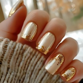 TBRZTR Gold Press on Nails Medium Square False Nails Golden Smudge Design Artificial Stick on Nails Glossy Coffin Nails Reusable Acrylic Nails 24Pcs Glue on Nails for Women