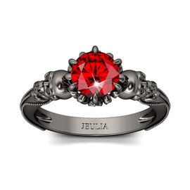 Jeulia 2.5 ct Black Tone Wedding Ring Women 925 Sterling Silver Skull Eternity Rings Round Cut Diamond Ruby Rings Promise Anniversary Romantic Jewelry Gift (Black, 9.5)