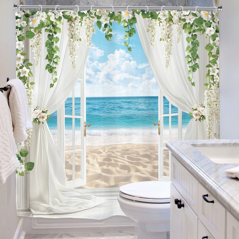Ocean Beach Coastal Blue Sea Summer Hawaiian Bathroom Shower Curtain