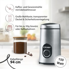 Cloer 7579 Electric Coffee Grinder, Stainless Steel Knife, for up to 50 g Coffee Beans, Large Grinding Button, Grinding Level Selectable Over Grinding Time, Cable Winder, Stainless Steel Housing, 200 W
