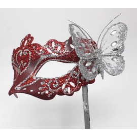 LADIES SPARKLING RED & SILVER RIALTO VENETIAN MASQUERADE CARNIVAL PARTY EYE HAND HELD MASK ON A STICK