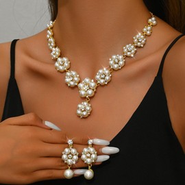 Elegant Pearl Jewelry Set with Rhinestone Floral Design Necklace Earrings for Women Wedding Bridal Jewelry