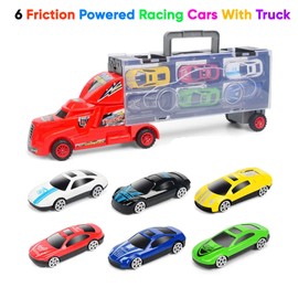 Maggie Large Toy Truck Transport Vehicle Set with 6 Metal Alloy Stylish Friction Powered Racing Cars for Toddlers, Kids, Children
