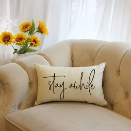Ogiselestyle Farmhouse Pillow Covers with Stay Awhile Quotes 12" x 20" Lumbar Pillow Covers Home Decorative Cotton Linen Cushion Case for Sofa Couch Housewarming Gifts Family Room Décor