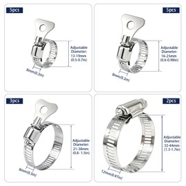 15 pcs Key Hose Clamps, VEINARDYL Adjustable Stainless Steel 0.5" to 1.7" (13-44mm) Thumb Screw Hose Clamps, Key Type Pipe Clamp kit for Fix Faucet Pipe Fuel Lines, Mechanical Application