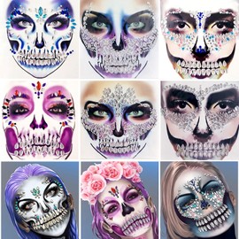 Joyas de calavera con gemas para la cara, tatuajes temporales de Halloween, calcomanías de tatuaje con diamantes de imitación, gemas corporales de cristales para pegar en la cara para festivales o fiestas raves